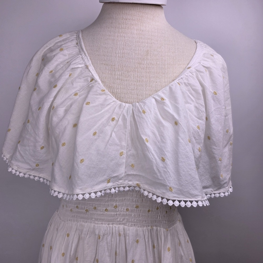 Zara White Yellow Polka Dot Midi Dress M Smocked Waist Cottagecore Cape Neckline - Picture 3 of 9